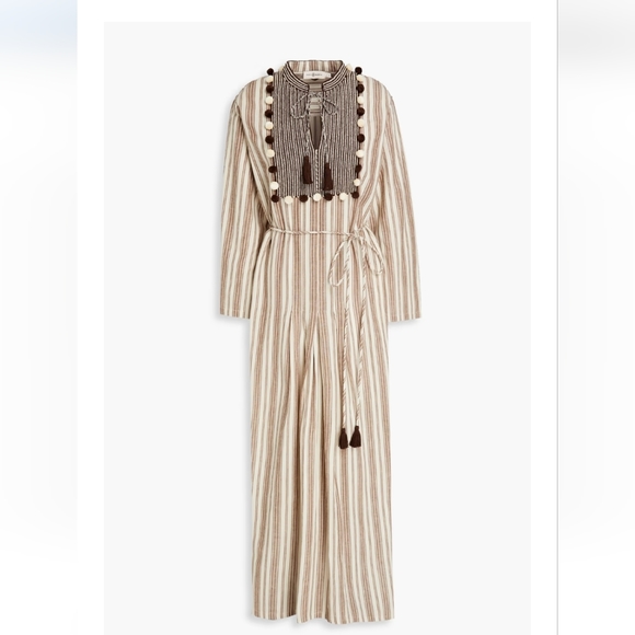 Tory Burch Beach Caftan Dress Coverup XS NWT brown stripe pom pom beige - Picture 1 of 11